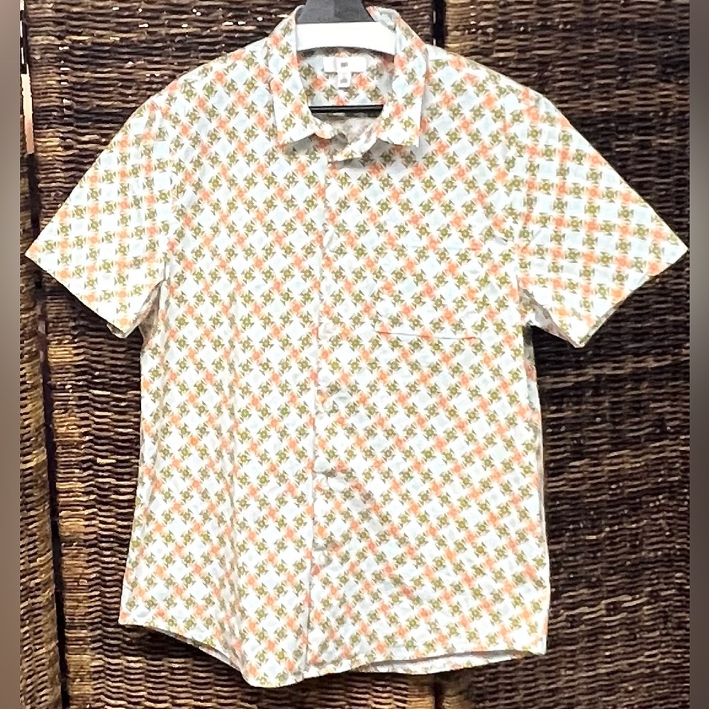BP- White and Orange Casual Button Down Shirt with Geometric Pattern- Large‎